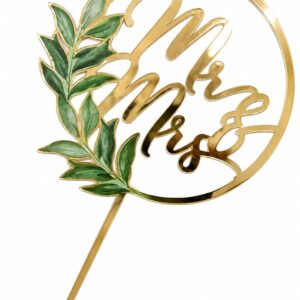 Acrylic Wedding Cake Topper Gold With Leaf Design Mr & Mrs